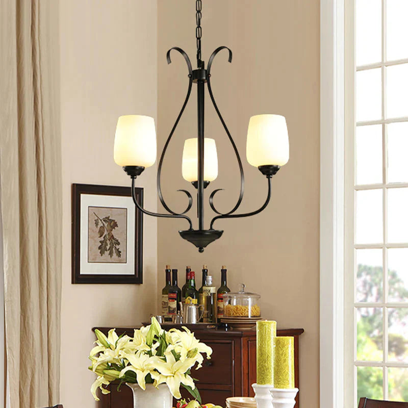 Cream Glass Tulip Chandelier Lamp Vintage 3/6/8 Bulbs Dining Room Pendant In Black With Raindrop