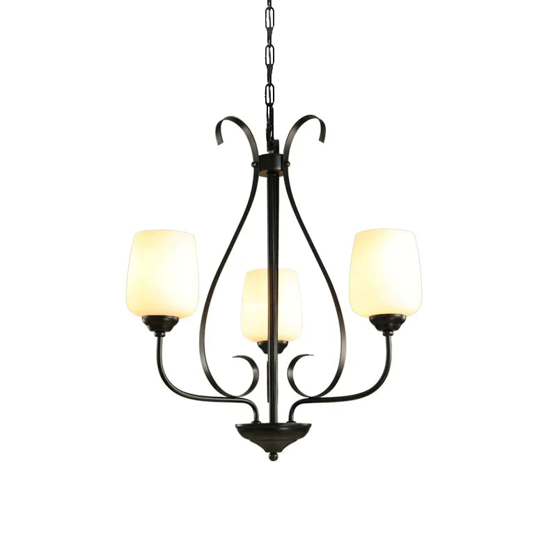 Cream Glass Tulip Chandelier Lamp Vintage 3/6/8 Bulbs Dining Room Pendant In Black With Raindrop