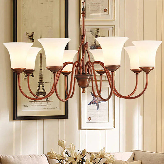 Coffee 8 Lights Pendant Chandelier Vintage Milky Glass Flared Ceiling Suspension Lamp For Living