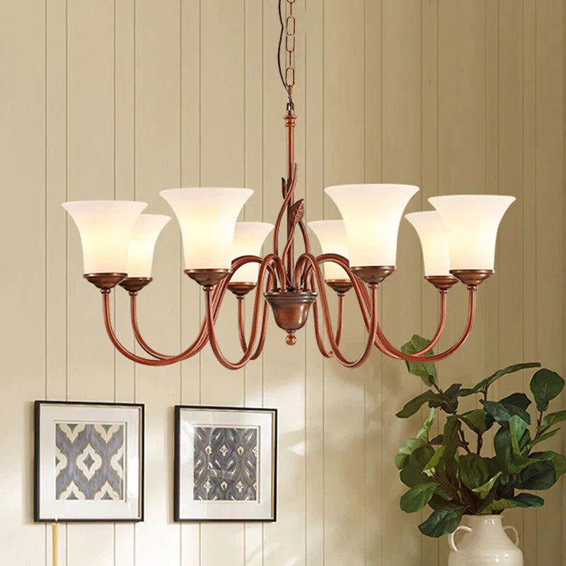 Coffee 8 Lights Pendant Chandelier Vintage Milky Glass Flared Ceiling Suspension Lamp For Living