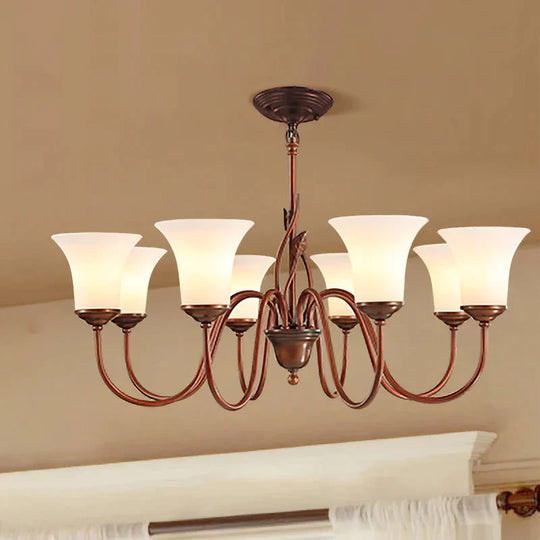 Coffee 8 Lights Pendant Chandelier Vintage Milky Glass Flared Ceiling Suspension Lamp For Living