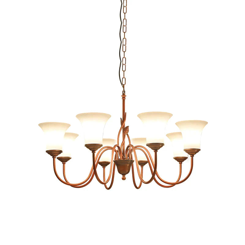 Coffee 8 Lights Pendant Chandelier Vintage Milky Glass Flared Ceiling Suspension Lamp For Living