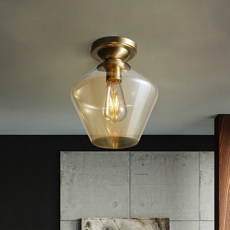 Mid Century Glamour: Cognac Glass Diamond Shaped Brass Flush Mount Ceiling Lamp - Single 9’/15’