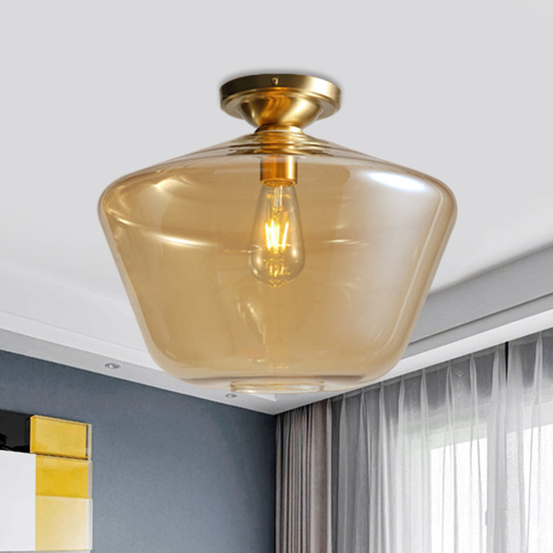 Mid Century Glamour: Cognac Glass Diamond Shaped Brass Flush Mount Ceiling Lamp - Single 9’/15’