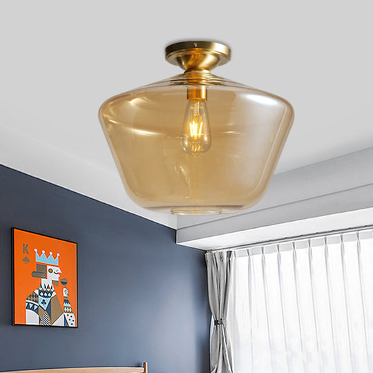 Mid Century Glamour: Cognac Glass Diamond Shaped Brass Flush Mount Ceiling Lamp - Single 9’/15’