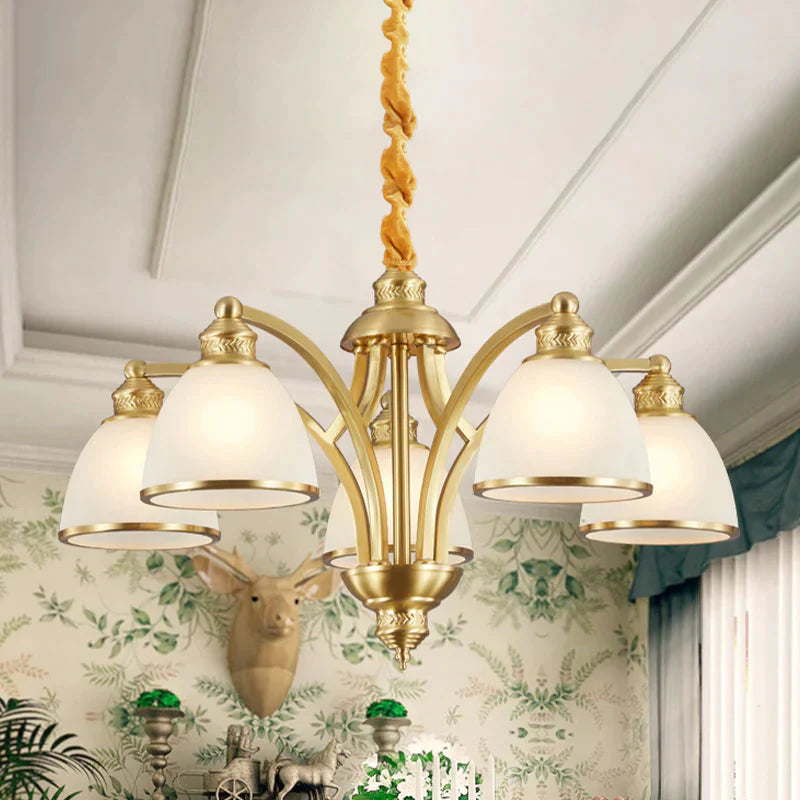 Bowl Ivory Glass Chandelier Lamp Colonial 3/5/8 Bulbs Living Room Down Lighting Pendant In Gold