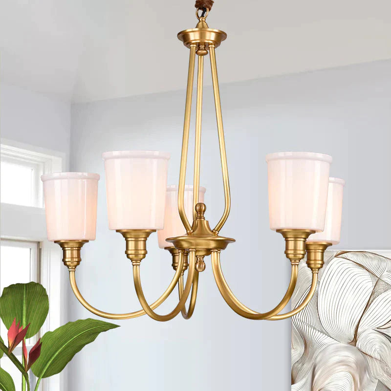 White Glass Cylinder Chandelier Light Colonialism 3/5 Lights Bedroom Pendant Lighting Fixture In