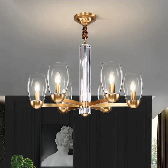 Clear Glass Gold Chandelier Lamp Oval 3/6 - Bulb Colonialist Suspension Pendant With Starburst