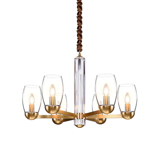 Clear Glass Gold Chandelier Lamp Oval 3/6 - Bulb Colonialist Suspension Pendant With Starburst