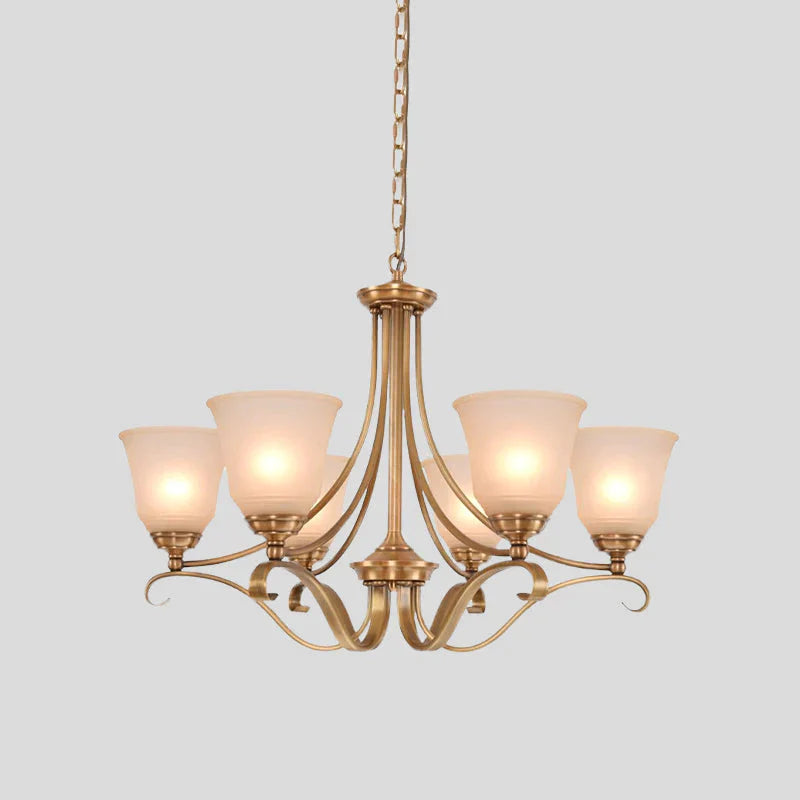 Colonialism Flared Chandelier Light Fixture 5/6 Bulbs Opal Glass Suspension Lamp In Gold With