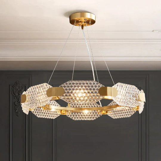 8 - Head Octagon Chandelier Light Colonialist Gold Clear Textured Glass Ceiling Lamp With Circular