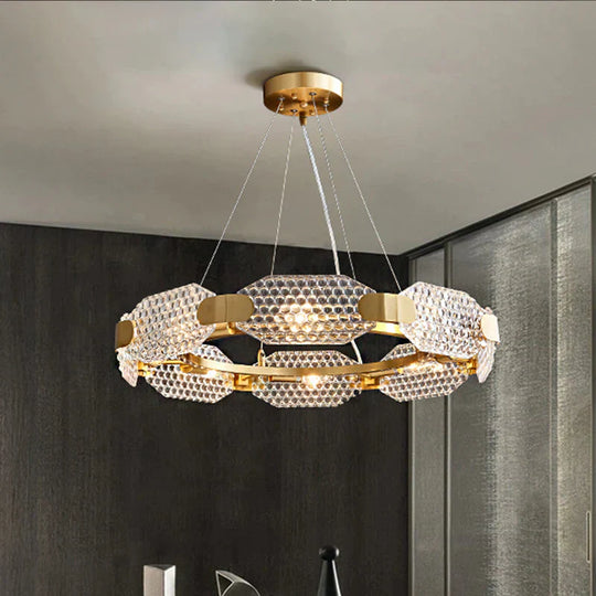 8 - Head Octagon Chandelier Light Colonialist Gold Clear Textured Glass Ceiling Lamp With Circular