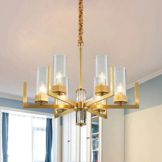 6 - Light Clear Glass Chandelier Lamp Colonialism Gold Column Living Room Ceiling Pendant Light