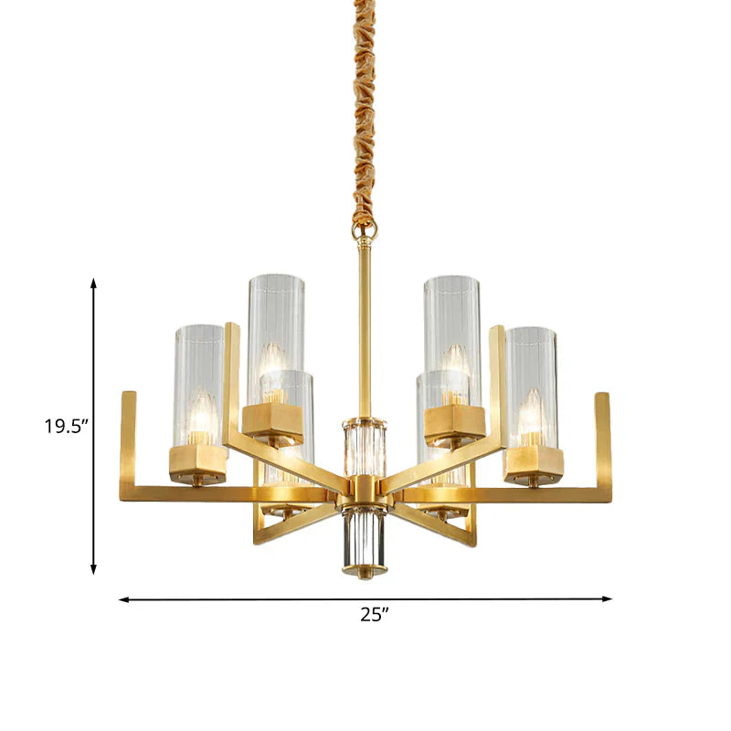 6 - Light Clear Glass Chandelier Lamp Colonialism Gold Column Living Room Ceiling Pendant Light