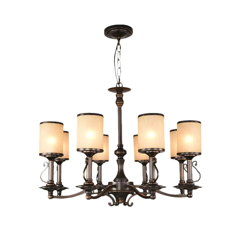 Beige Glass Black Chandelier Lamp Cylindrical 3/6/8 Heads Traditionalism Pendant Ceiling Light For