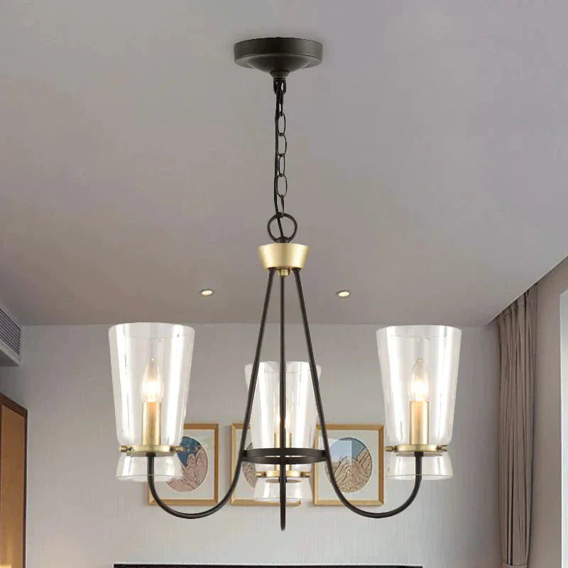 Clear Glass Cone Hanging Chandelier Vintage 3/6 Lights Bedroom Suspension Lamp In Black With