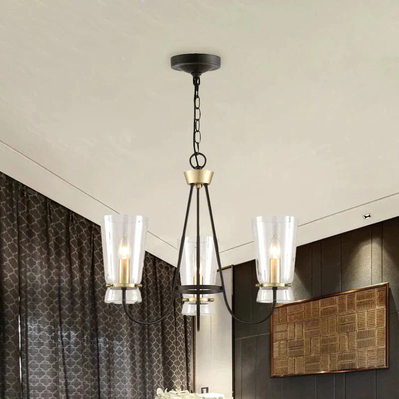 Clear Glass Cone Hanging Chandelier Vintage 3/6 Lights Bedroom Suspension Lamp In Black With