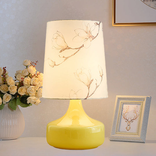 Caterina - Korean Single - Bulb Printed Fabric Night Light Garden White Barrel Bedside Table