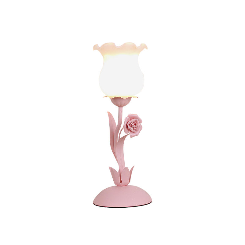 Acamar - Pastoral Rose Bud Table Light 1 Head Opal Matte Glass Nightstand Lamp With Pink/Blue/Green