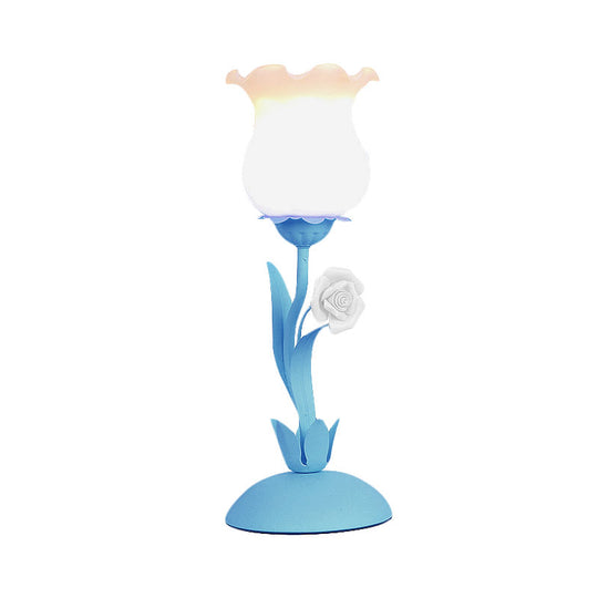 Acamar - Pastoral Rose Bud Table Light 1 Head Opal Matte Glass Nightstand Lamp With Pink/Blue/Green