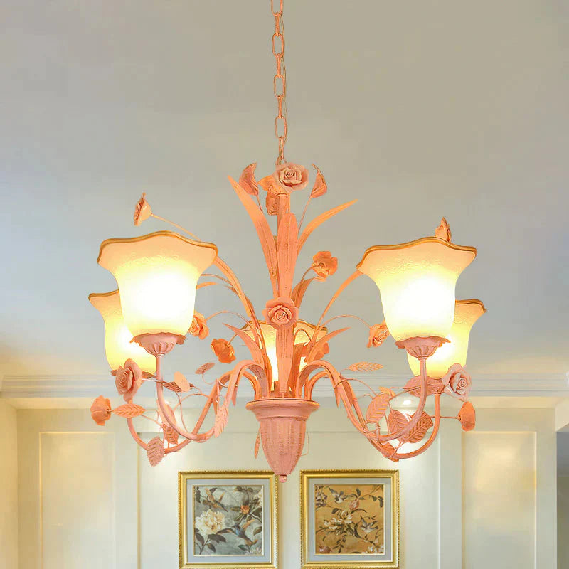 Pink/Blue Blossom Ceiling Chandelier Pastoral Milk Glass 3/5 Lights Dining Room Hanging Light