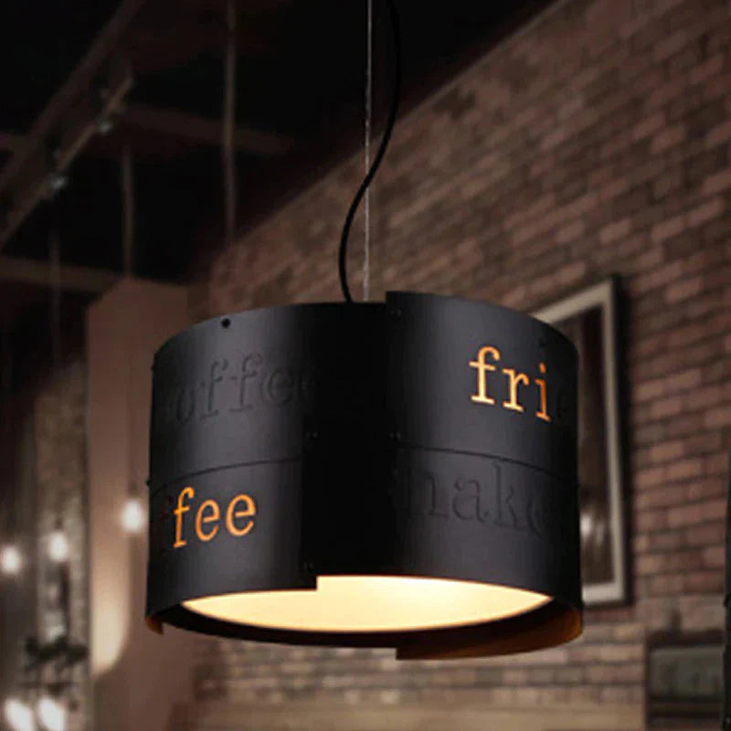 3 - Light Chandelier Warehouse Script Printing Drum Iron Drop Lamp In Black With Splice Design And