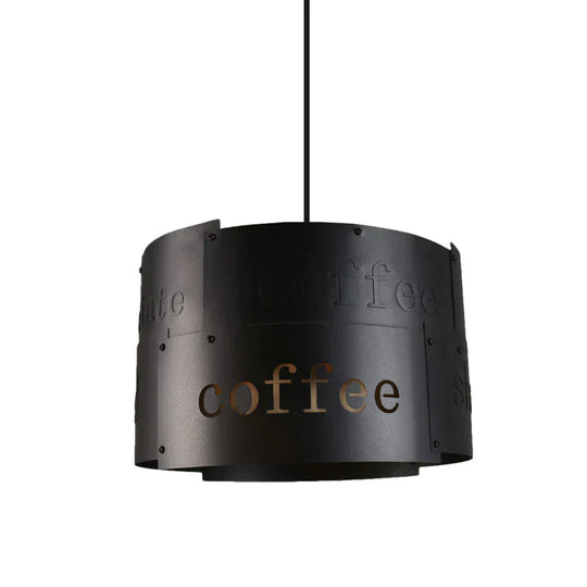 3 - Light Chandelier Warehouse Script Printing Drum Iron Drop Lamp In Black With Splice Design And