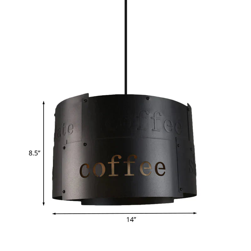 3 - Light Chandelier Warehouse Script Printing Drum Iron Drop Lamp In Black With Splice Design And