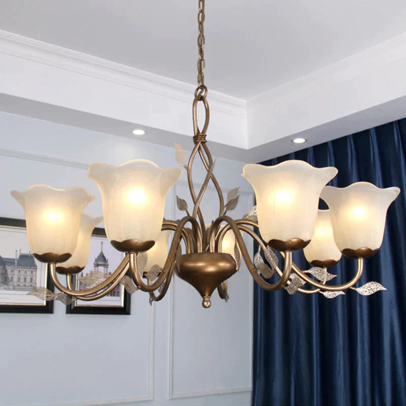 Coffee 3/6/8 Bulbs Chandelier Lamp Vintage Frosted Glass Blossom Hanging Ceiling Light With Leaf