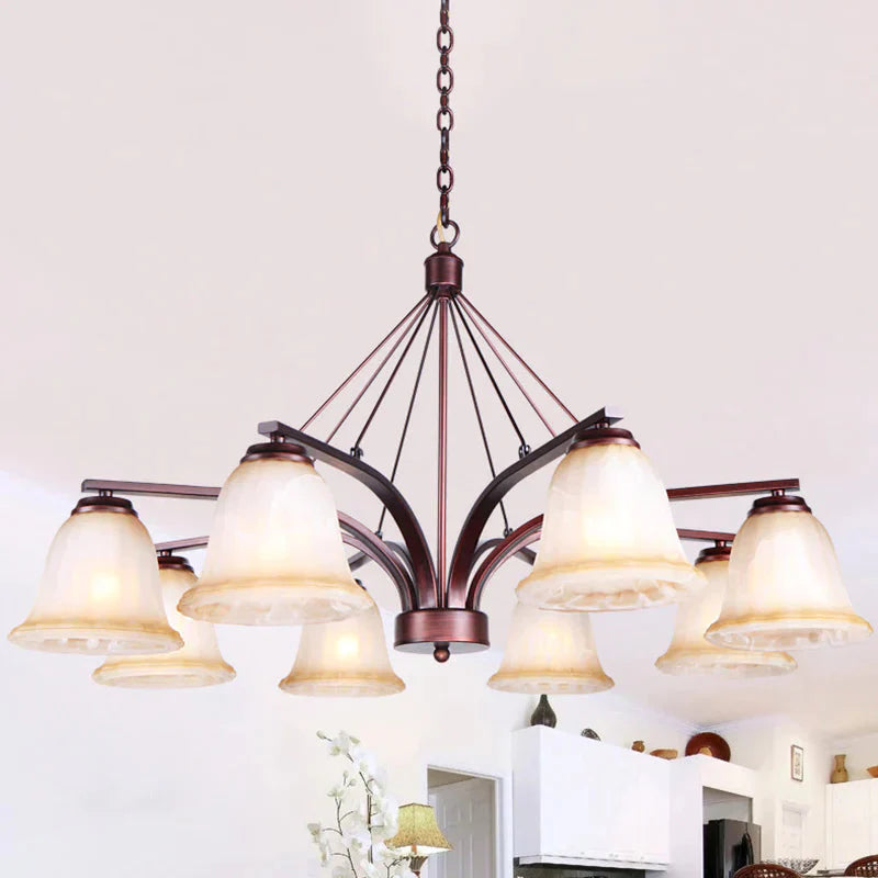 Antique Bell Chandelier Pendant Light 6/8 Bulbs Frosted Glass Hanging Lamp In Copper For Living Room