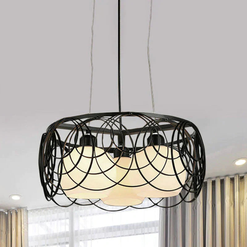Retro Spherical Hanging Chandelier 3 Bulbs Milky Glass Down Lighting Pendant In Black With Round