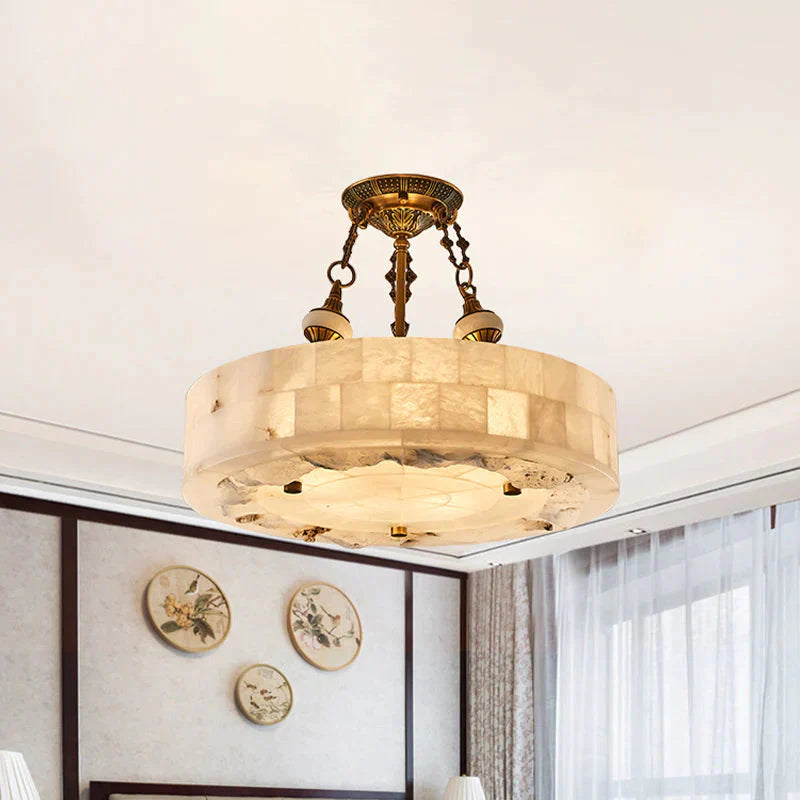 Vintage Patchwork Drum/Bowl Drop Lamp 4 - Head Opal Matte Glass Ceiling Chandelier In Brass For