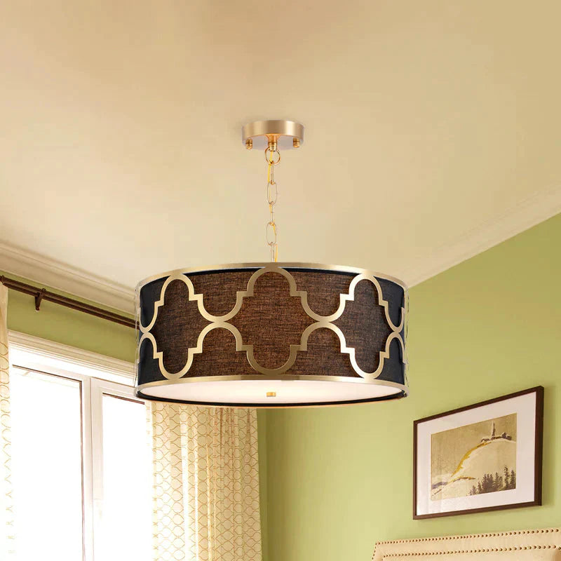 Fabric Brown Chandelier Pendant Drum Shaped 4/5 Bulbs Traditional Hanging Light Kit With Quatrefoil