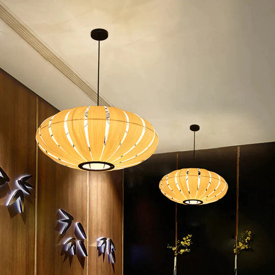 Wood Strap Lantern Pendant Lighting South East Asia 3 - Bulb Beige Hanging Ceiling Light For Bistro