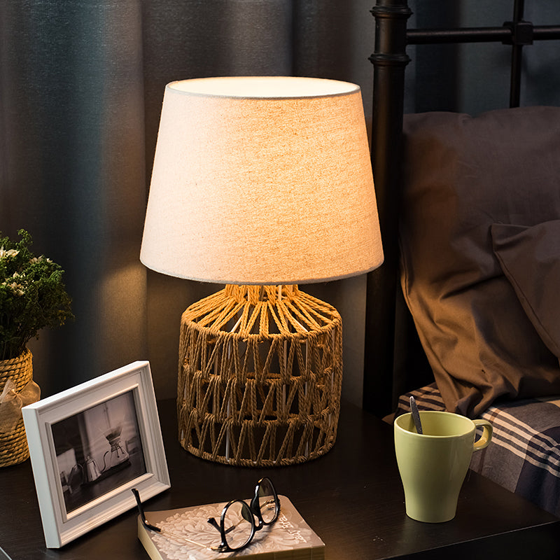 Naos - Nordic Flaxen Empire Shade Nightstand Light 1 Bulb Fabric Table Lamp With Rope Woven Urn Base