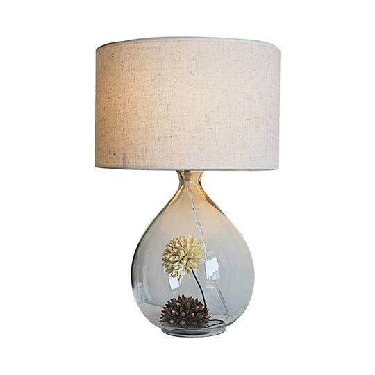 Natalie - Pastoral Drum Restaurant Table Light Fabric 1 - Head Cream Gray Night Lamp With Clear