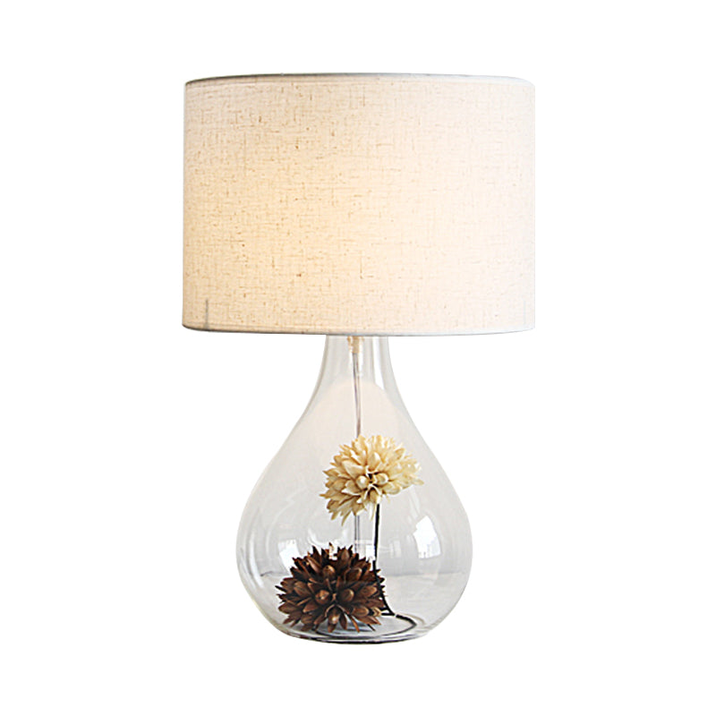 Lara - Pastoral White Drum Night Light Fabric 1 - Light Cafe Table Lamp With Vase Clear Glass Base