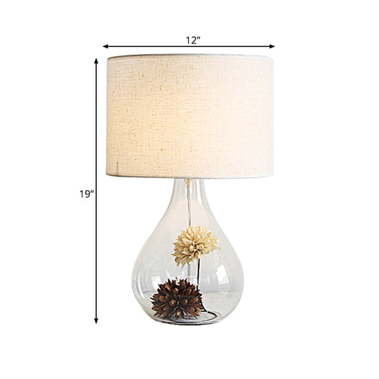 Lara - Pastoral White Drum Night Light Fabric 1 - Light Cafe Table Lamp With Vase Clear Glass Base