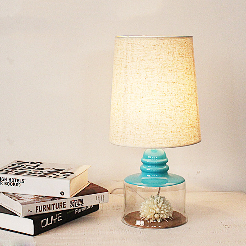 Jade - Pastoral Bucket Table Lamp 1 - Bulb Fabric Night Light In Clear/Blue/Black With Dried Flower