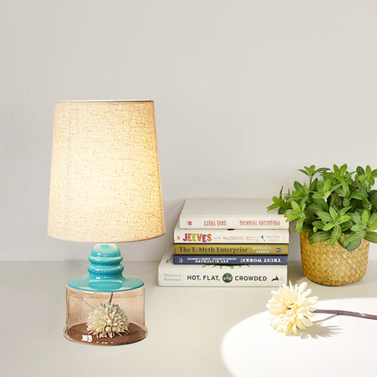 Jade - Pastoral Bucket Table Lamp 1 - Bulb Fabric Night Light In Clear/Blue/Black With Dried Flower