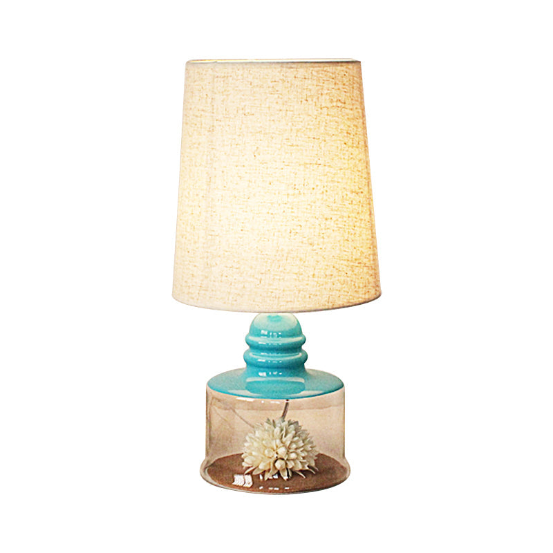 Jade - Pastoral Bucket Table Lamp 1 - Bulb Fabric Night Light In Clear/Blue/Black With Dried Flower