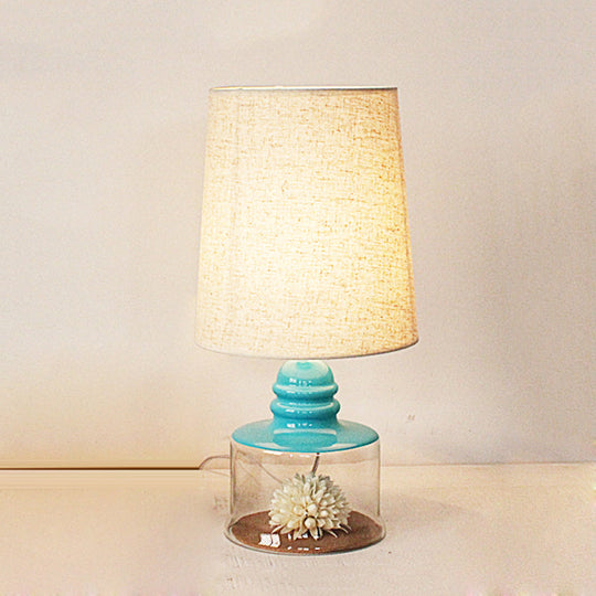 Jade - Pastoral Bucket Table Lamp 1 - Bulb Fabric Night Light In Clear/Blue/Black With Dried Flower