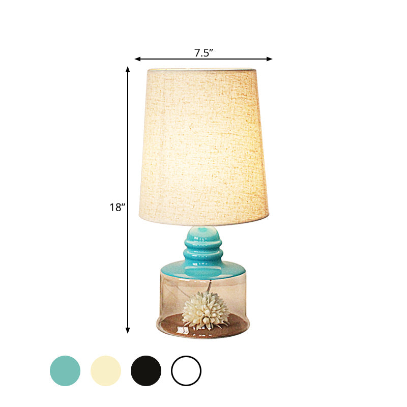 Jade - Pastoral Bucket Table Lamp 1 - Bulb Fabric Night Light In Clear/Blue/Black With Dried Flower