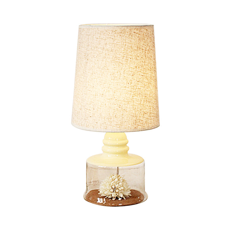 Jade - Pastoral Bucket Table Lamp 1 - Bulb Fabric Night Light In Clear/Blue/Black With Dried Flower