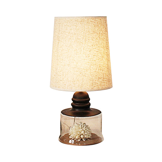 Jade - Pastoral Bucket Table Lamp 1 - Bulb Fabric Night Light In Clear/Blue/Black With Dried Flower