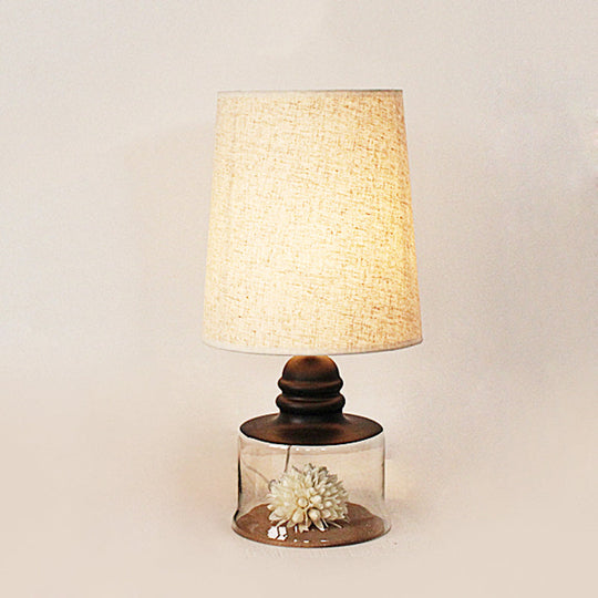 Jade - Pastoral Bucket Table Lamp 1 - Bulb Fabric Night Light In Clear/Blue/Black With Dried Flower