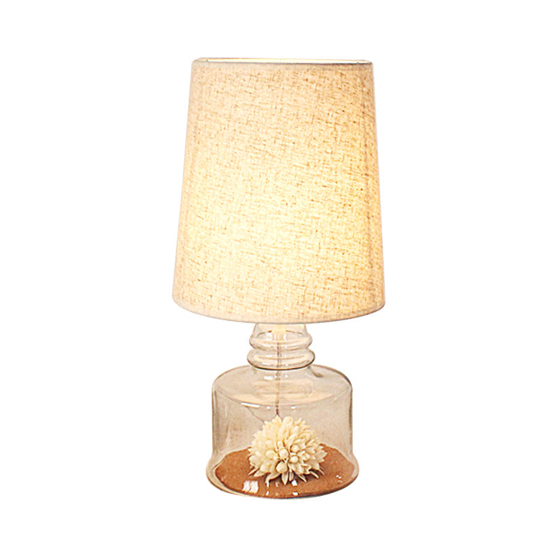 Jade - Pastoral Bucket Table Lamp 1 - Bulb Fabric Night Light In Clear/Blue/Black With Dried Flower