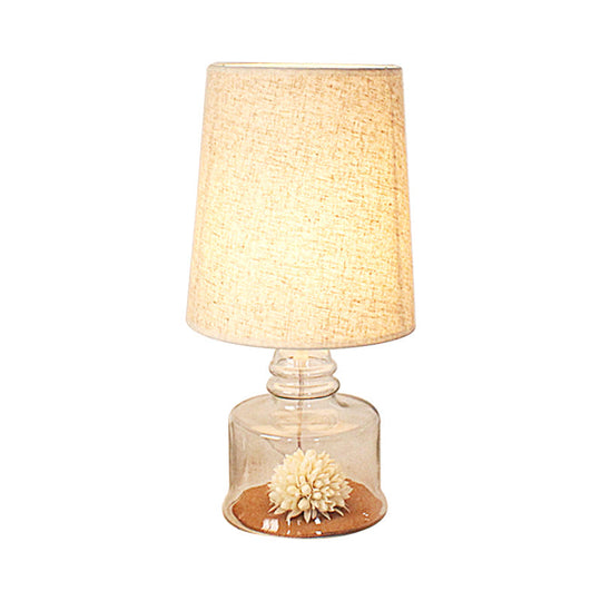 Jade - Pastoral Bucket Table Lamp 1 - Bulb Fabric Night Light In Clear/Blue/Black With Dried Flower
