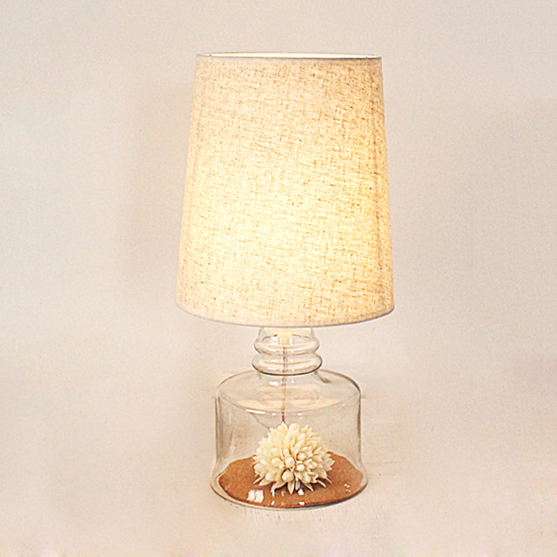 Jade - Pastoral Bucket Table Lamp 1 - Bulb Fabric Night Light In Clear/Blue/Black With Dried Flower