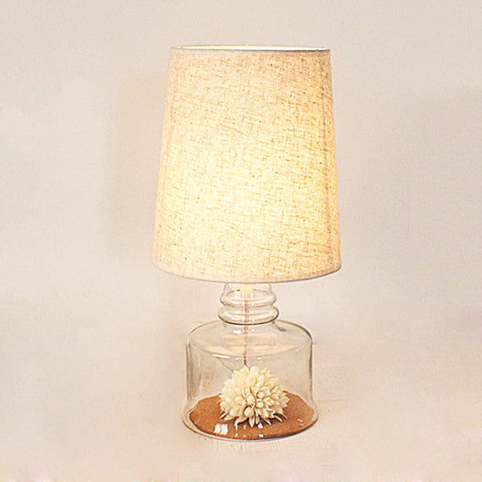 Jade - Pastoral Bucket Table Lamp 1 - Bulb Fabric Night Light In Clear/Blue/Black With Dried Flower